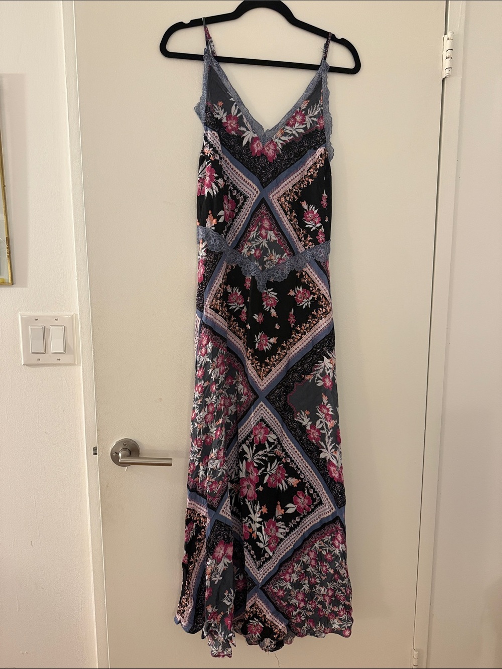 Floral Lace-Trim Maxi Slip Dress in Black and Pink